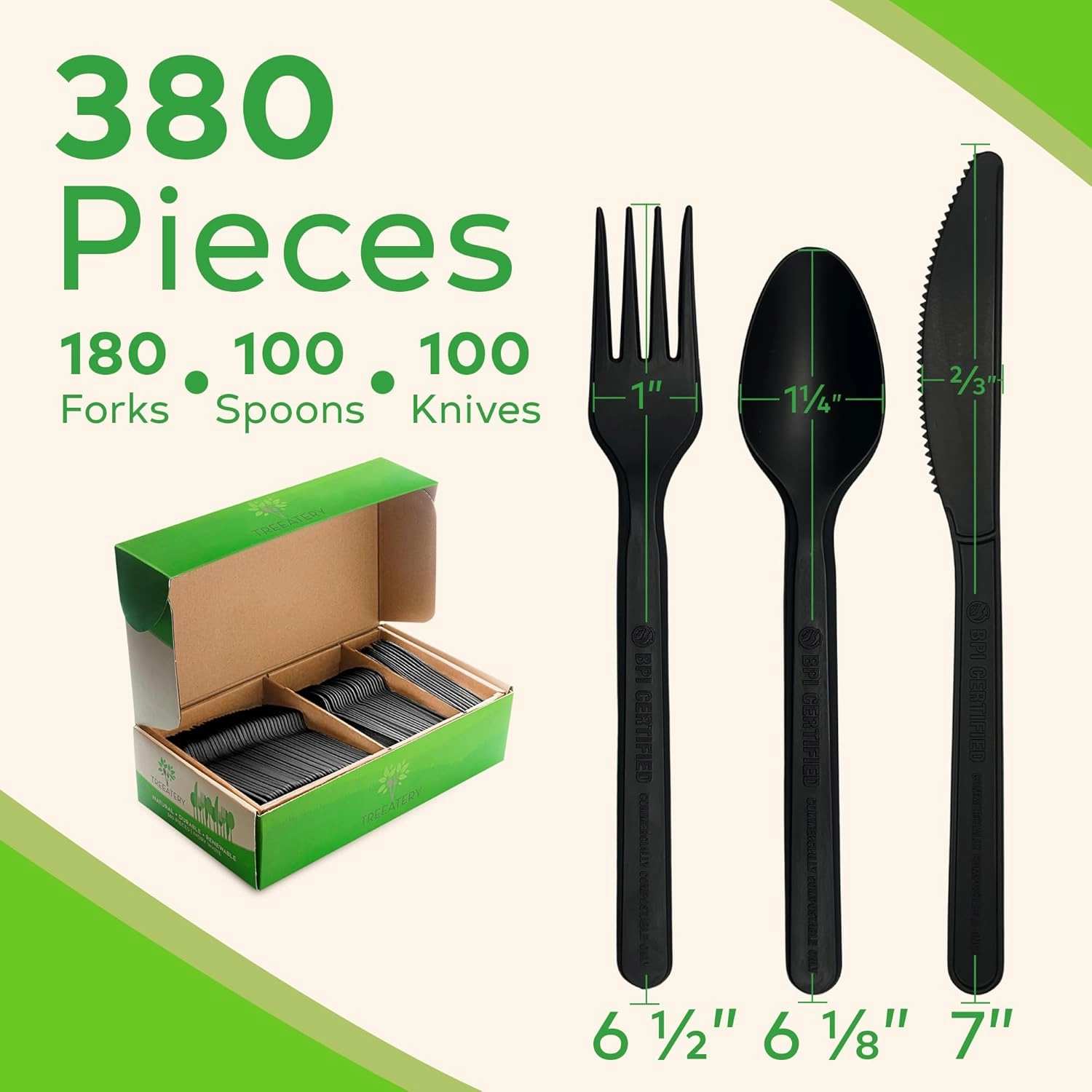 Compostable Cutlery Set, Plant-Based Compostable Utensils Disposable, Dishwasher-Safe Compostable Silverware, 380-Piece Disposable Cutlery, Plant a Tree with Every Box, Charcoal Black
