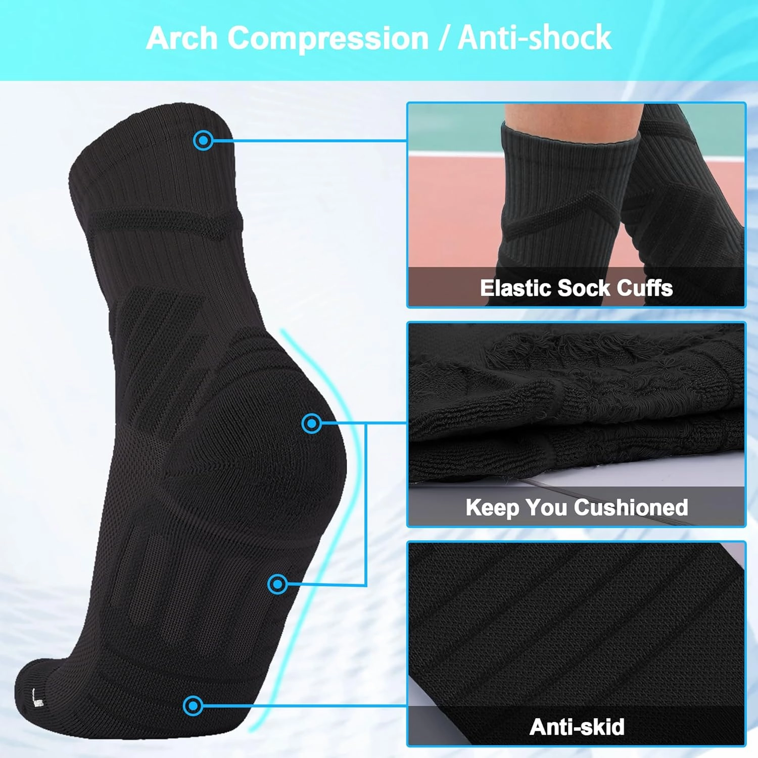 Compression Crew Socks for Men - Moisture-Wicking Anti-Blister Cushioned Athletic Running Hiking Basketball Socks