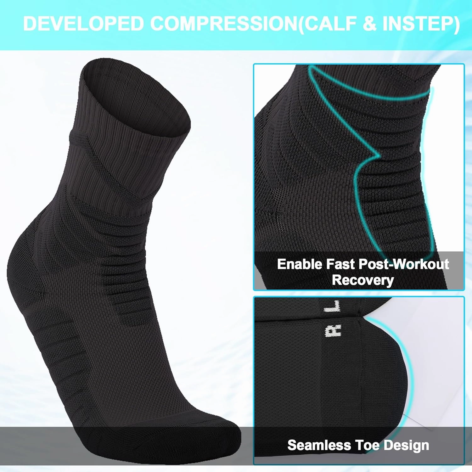 Compression Crew Socks for Men - Moisture-Wicking Anti-Blister Cushioned Athletic Running Hiking Basketball Socks