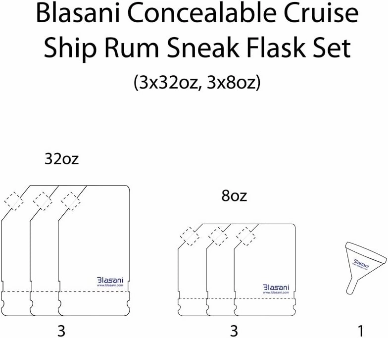 Concealable Cruise Ship Rum Sneak Flask Kit Set (3x32oz, 3x8oz)