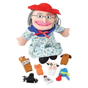Constructive Playthings Plush "Old Lady" Doll and Animal Finger Puppet Props Set for "There Was An Old Lady Who Live Swallowed a Fly" Children's Book, For Kids Ages 3 