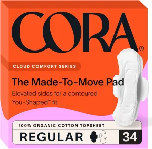 Cora Made-to-Move Regular Pads with Wings, Organic Cotton Topsheet Ultra Thin Feminine Care Pads for Women, Soft, Comfortable & Breathable Menstrual Pad, Regular Absorbency, Unscented, 34 Count