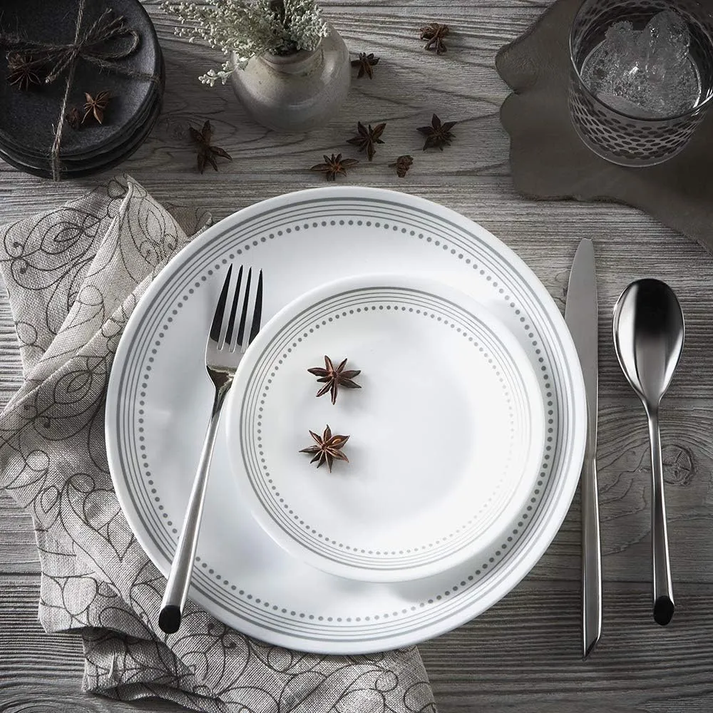 Corelle Vitrelle 18-Piece Service for 6 Dinnerware Set Triple Layer Glass and Chip Resistant, Lightweight Round Plates and Bowls Set, Mystic Gray