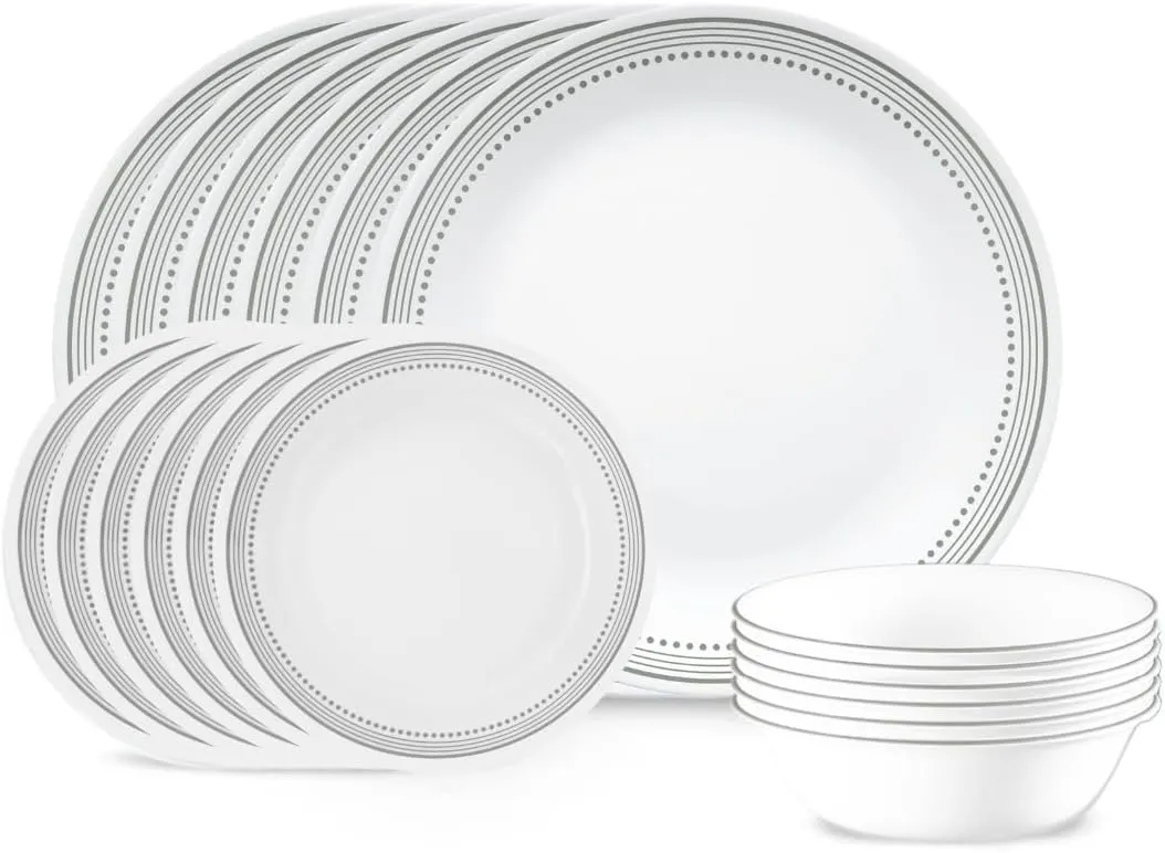 Corelle Vitrelle 18-Piece Service for 6 Dinnerware Set Triple Layer Glass and Chip Resistant, Lightweight Round Plates and Bowls Set, Mystic Gray