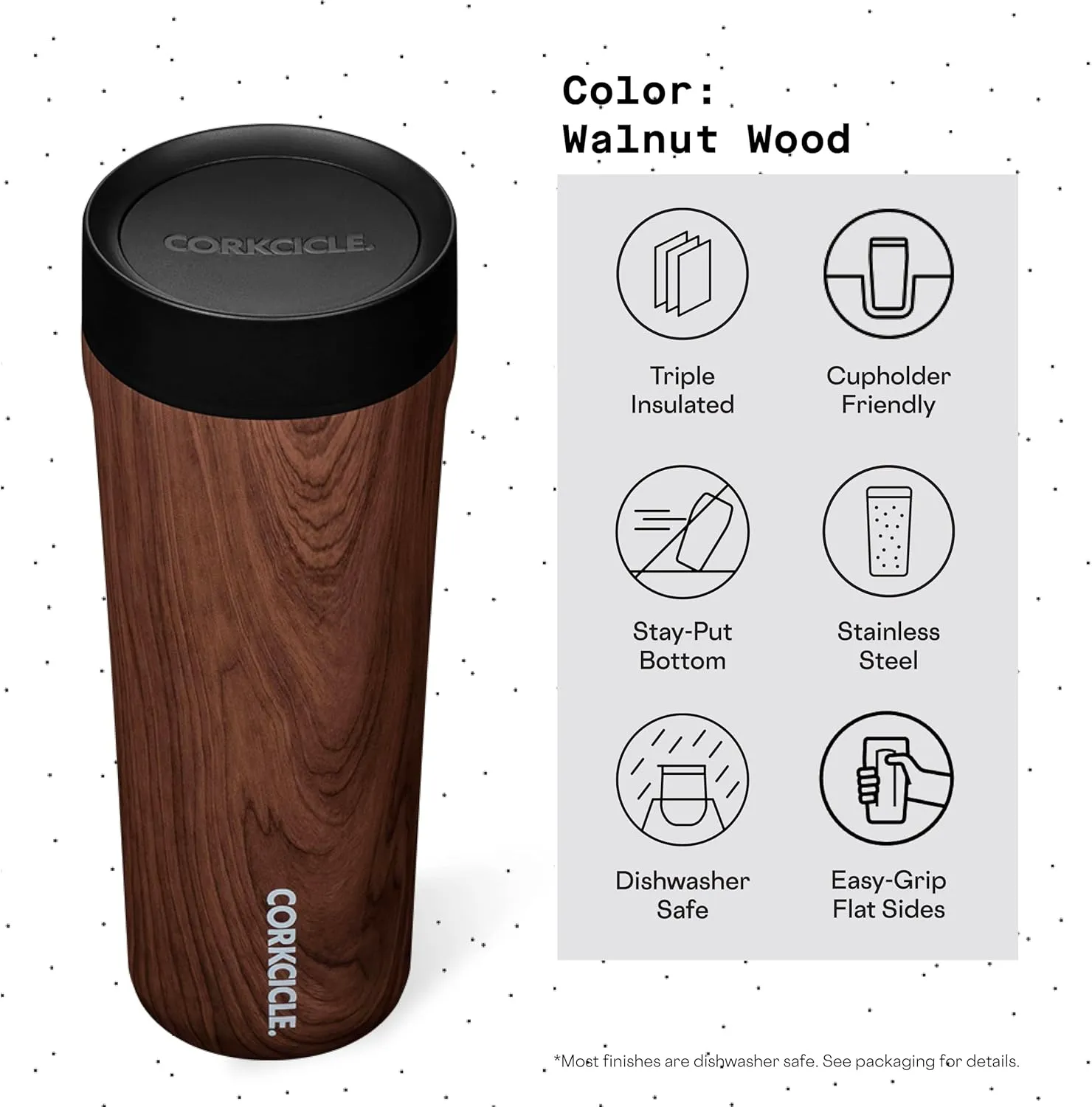 Corkcicle Commuter Cup Travel Mug with 360° Sip Lid, Walnut Wood, 17 oz – Insulated Coffee Mug with Lid Keeps Beverages Cold 18 Hours, Hot 5 Hours – Cupholder Friendly & Spill-Proof Slim Tumbler