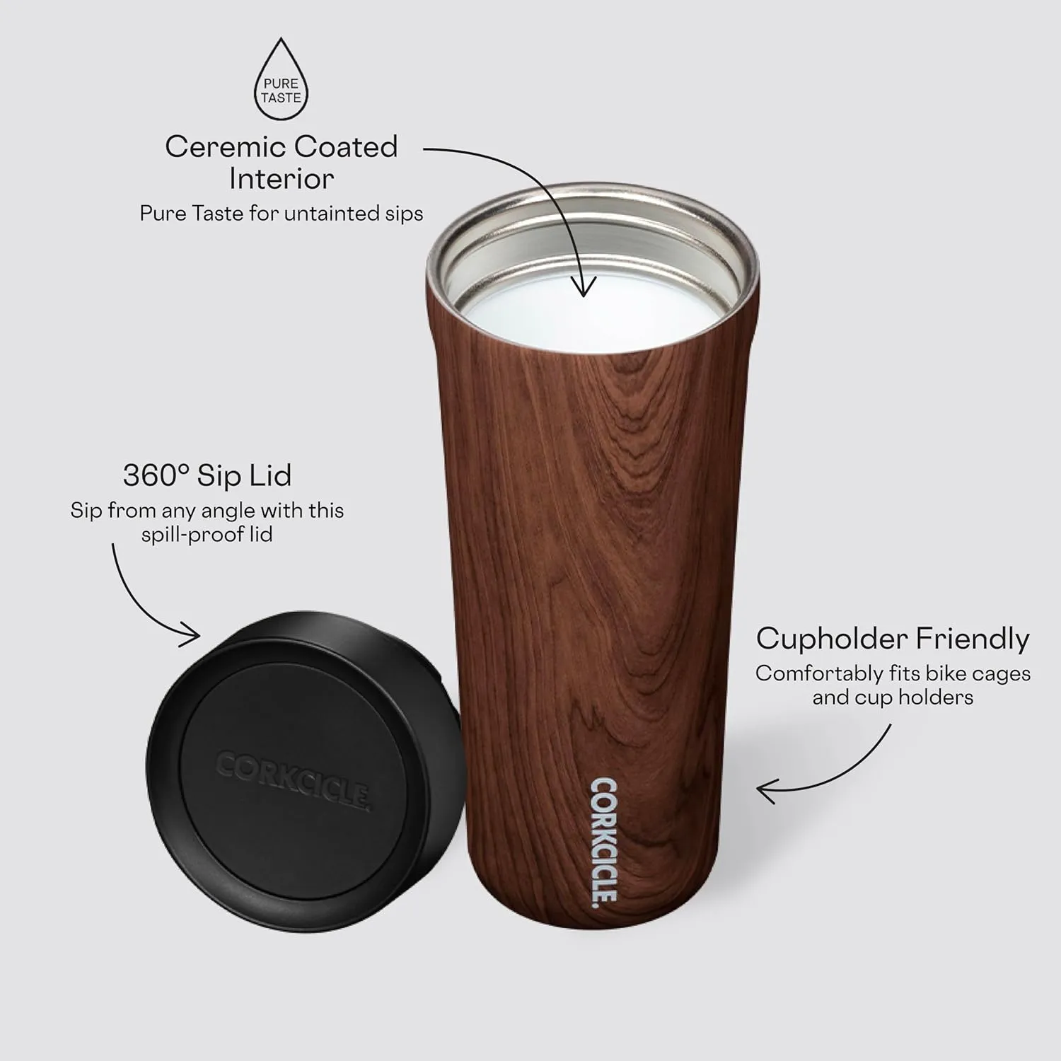 Corkcicle Commuter Cup Travel Mug with 360° Sip Lid, Walnut Wood, 17 oz – Insulated Coffee Mug with Lid Keeps Beverages Cold 18 Hours, Hot 5 Hours – Cupholder Friendly & Spill-Proof Slim Tumbler