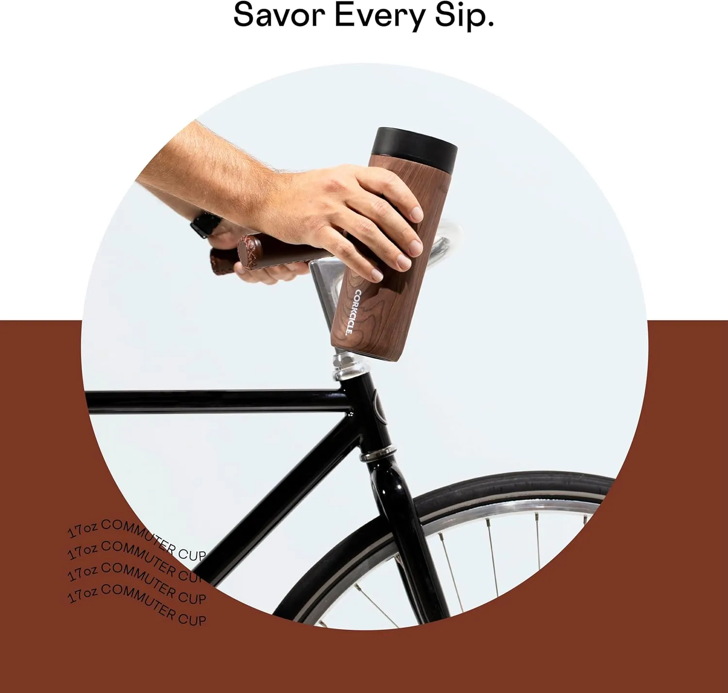 Corkcicle Commuter Cup Travel Mug with 360° Sip Lid, Walnut Wood, 17 oz – Insulated Coffee Mug with Lid Keeps Beverages Cold 18 Hours, Hot 5 Hours – Cupholder Friendly & Spill-Proof Slim Tumbler