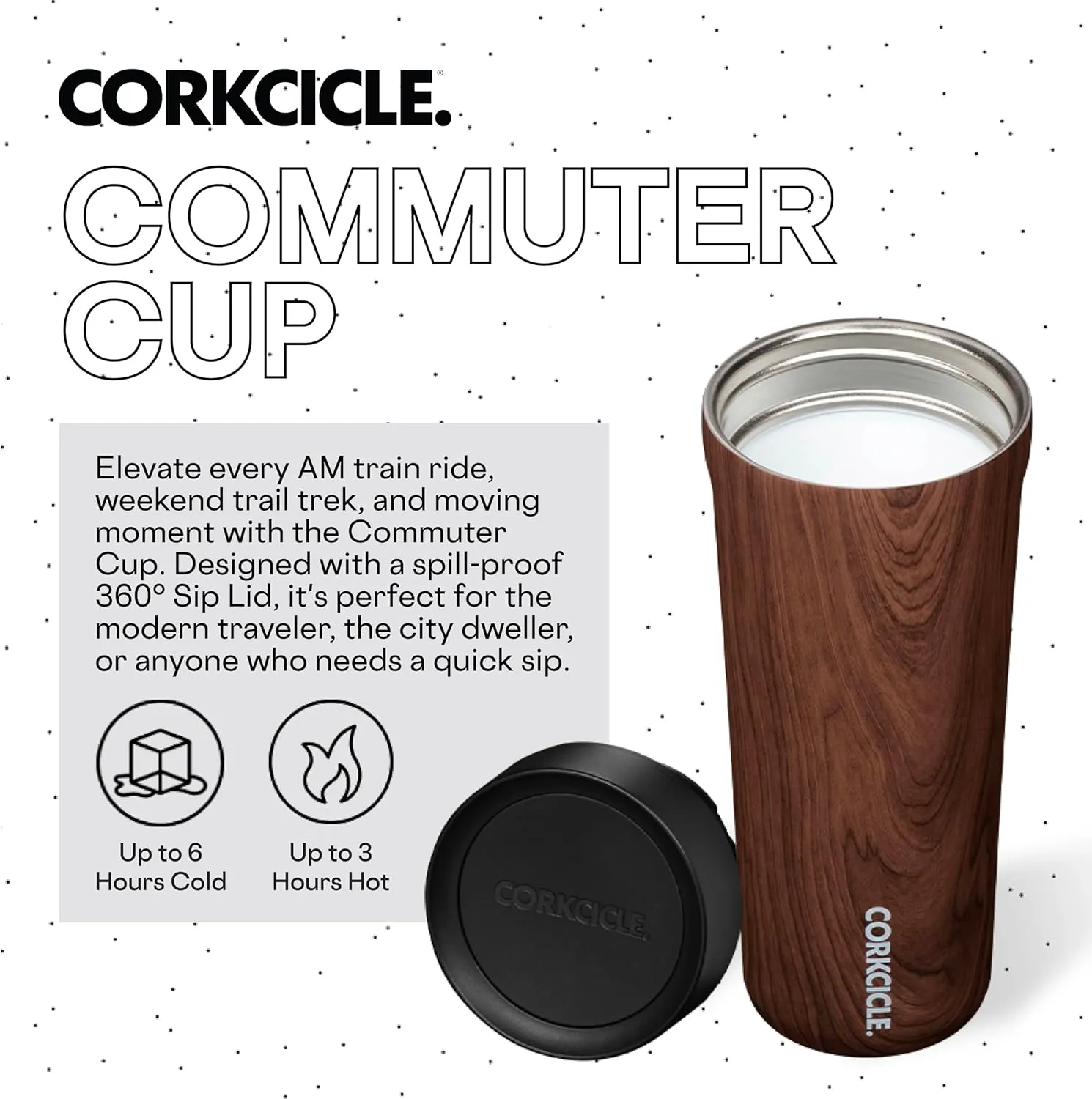Corkcicle Commuter Cup Travel Mug with 360° Sip Lid, Walnut Wood, 17 oz – Insulated Coffee Mug with Lid Keeps Beverages Cold 18 Hours, Hot 5 Hours – Cupholder Friendly & Spill-Proof Slim Tumbler
