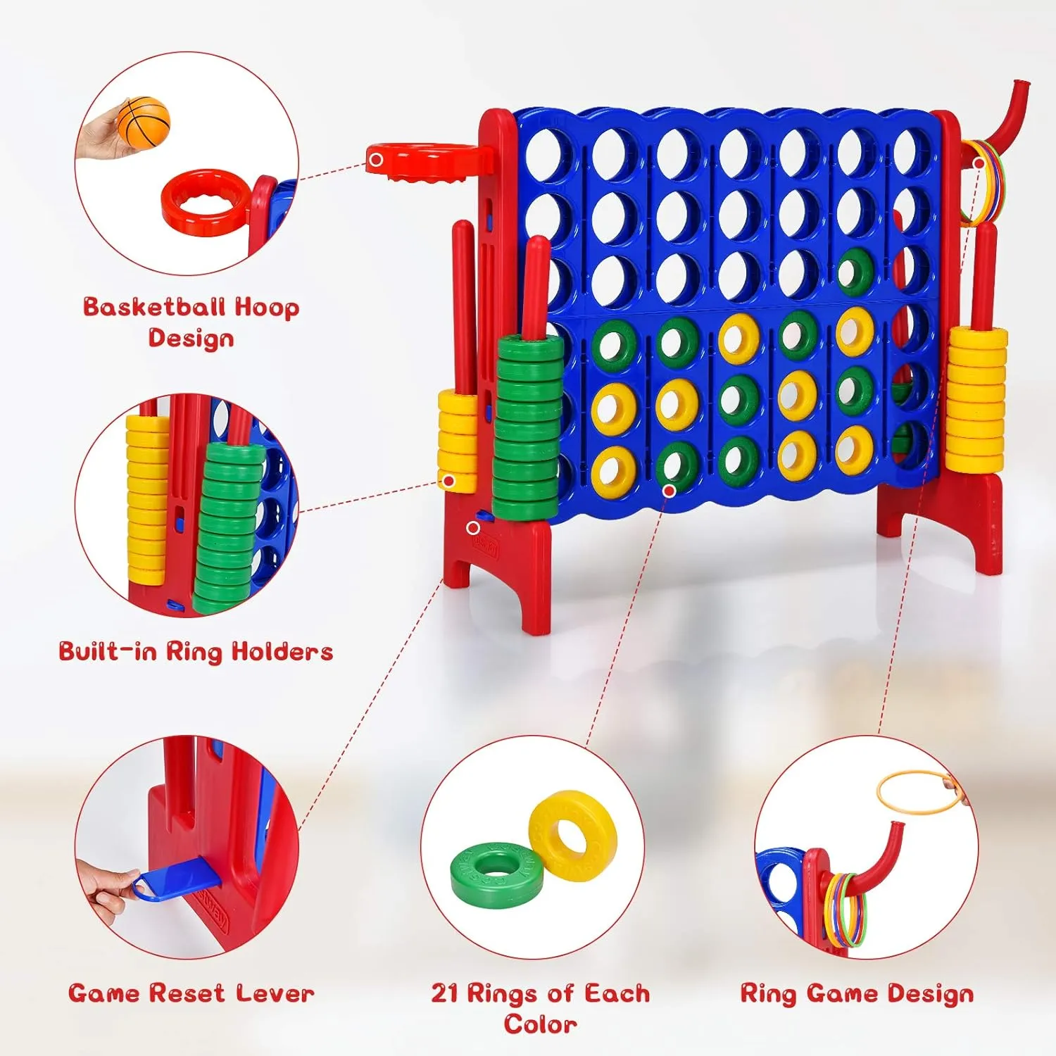 COSTWAY Jumbo 4-to-Score Giant Game Set for Kids & Adults, 2.5Ft Indoor Outdoor Game with Basketball Hoop, Ring Game, 42 Jumbo Rings, Quick-Release Slider, Perfect for Birth & Holiday Party