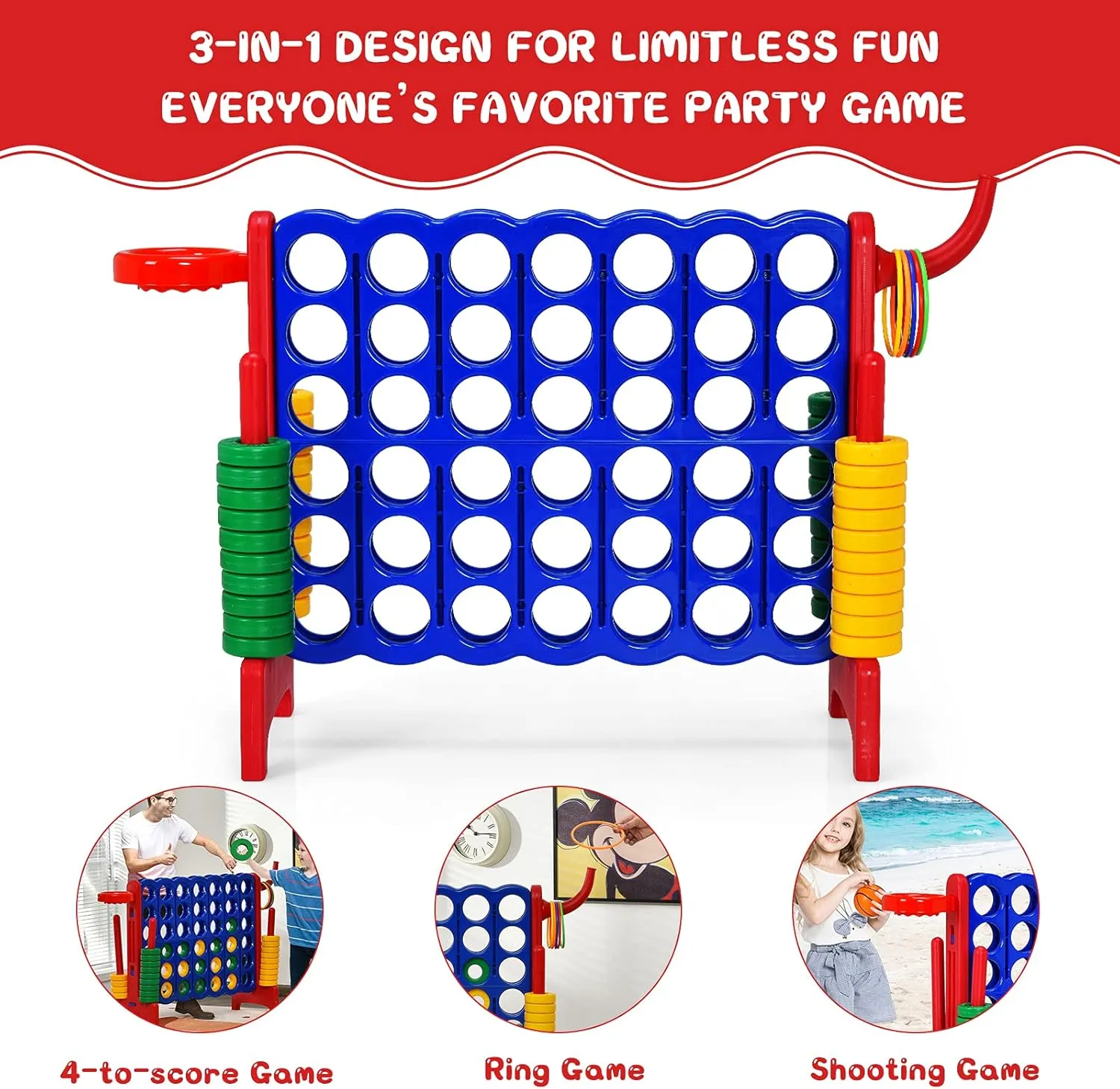 COSTWAY Jumbo 4-to-Score Giant Game Set for Kids & Adults, 2.5Ft Indoor Outdoor Game with Basketball Hoop, Ring Game, 42 Jumbo Rings, Quick-Release Slider, Perfect for Birth & Holiday Party