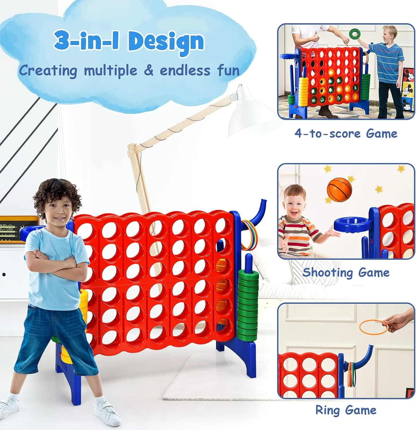 COSTWAY Jumbo 4-to-Score Giant Game Set for Kids & Adults, 2.5Ft Indoor Outdoor Game with Basketball Hoop, Ring Game, 42 Jumbo Rings, Quick-Release Slider, Perfect for Birth & Holiday Party