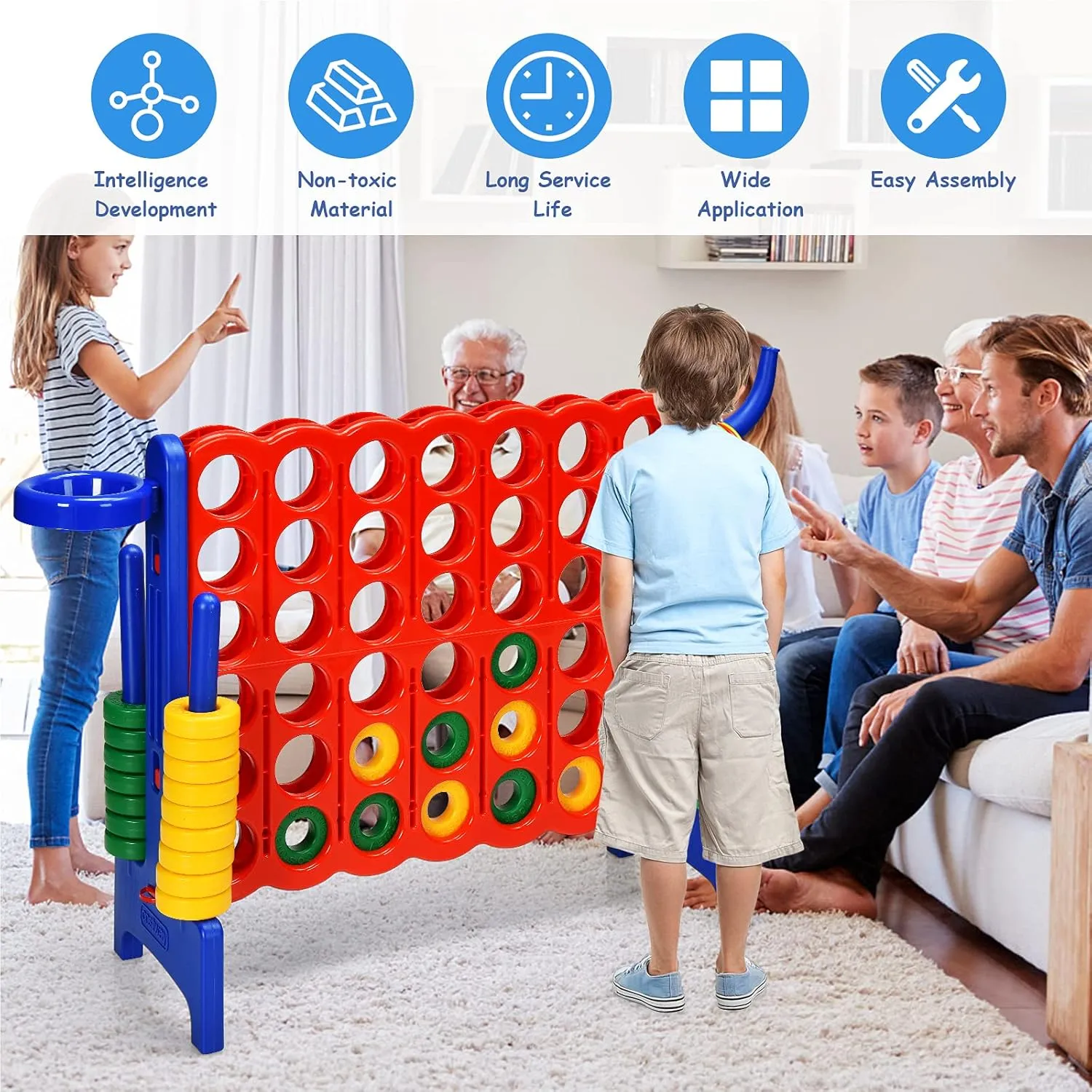 COSTWAY Jumbo 4-to-Score Giant Game Set for Kids & Adults, 2.5Ft Indoor Outdoor Game with Basketball Hoop, Ring Game, 42 Jumbo Rings, Quick-Release Slider, Perfect for Birth & Holiday Party