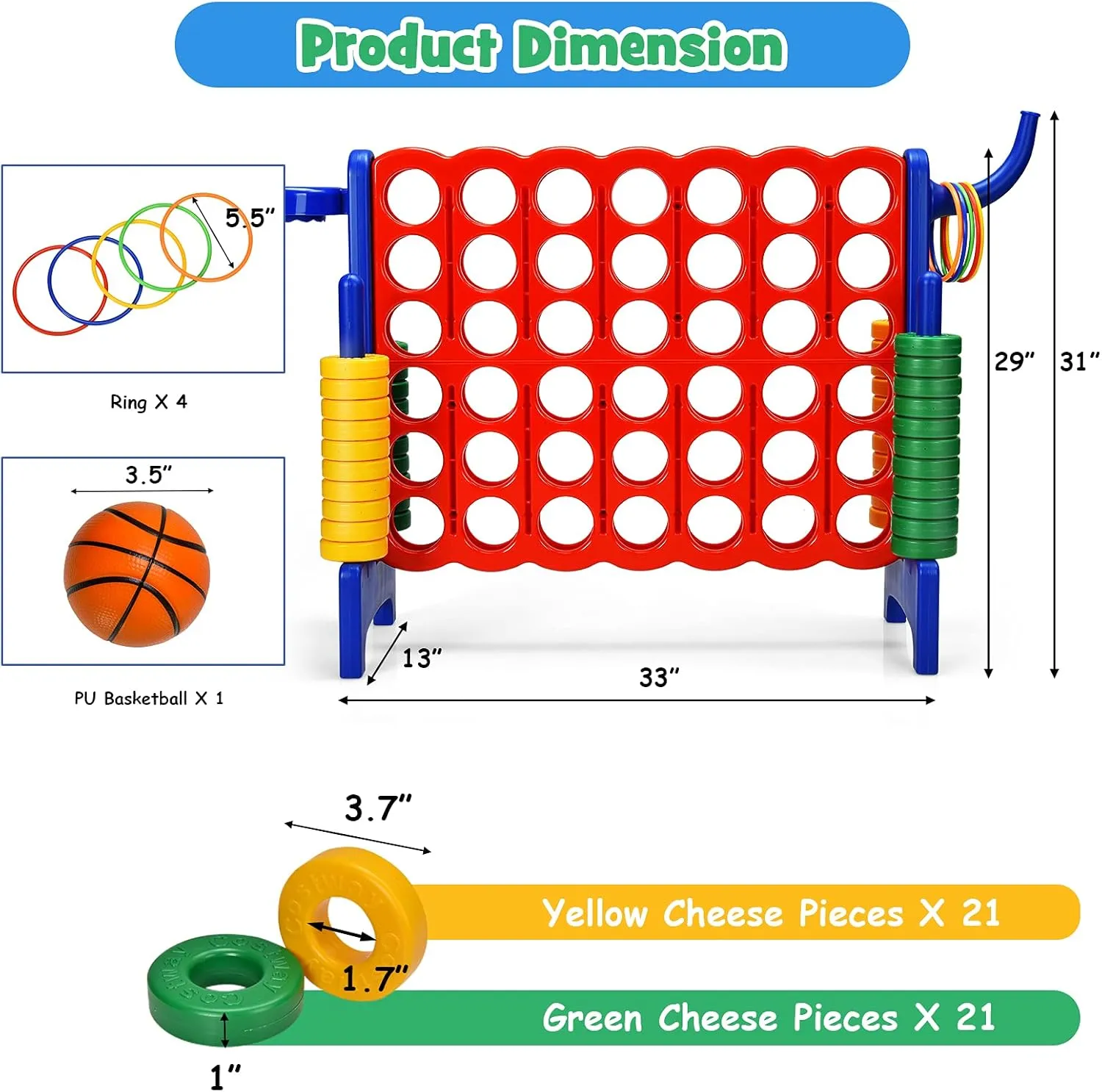 COSTWAY Jumbo 4-to-Score Giant Game Set for Kids & Adults, 2.5Ft Indoor Outdoor Game with Basketball Hoop, Ring Game, 42 Jumbo Rings, Quick-Release Slider, Perfect for Birth & Holiday Party