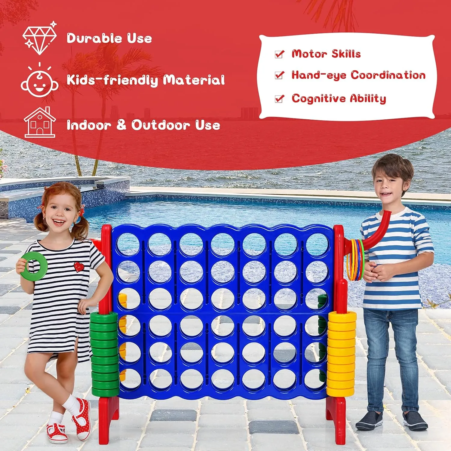 COSTWAY Jumbo 4-to-Score Giant Game Set for Kids & Adults, 2.5Ft Indoor Outdoor Game with Basketball Hoop, Ring Game, 42 Jumbo Rings, Quick-Release Slider, Perfect for Birth & Holiday Party