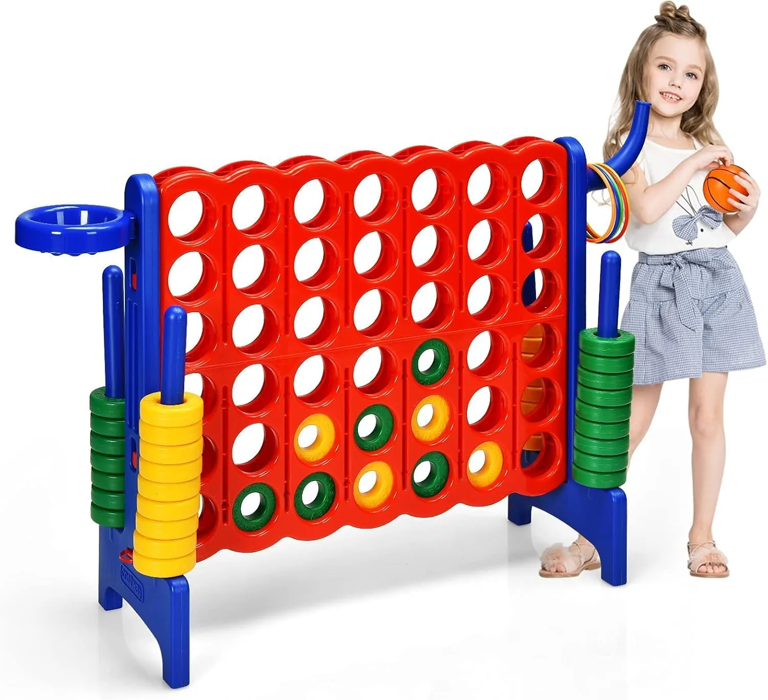 COSTWAY Jumbo 4-to-Score Giant Game Set for Kids & Adults, 2.5Ft Indoor Outdoor Game with Basketball Hoop, Ring Game, 42 Jumbo Rings, Quick-Release Slider, Perfect for Birth & Holiday Party