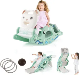 Costzon 4 in 1 Toddler Slide Rocking Toy, Slide for Kids with Basketball Hoop and Ring Game, Rocking Horse, Foldable Climber Playground Slide for Both Indoors Outdoor Use (Green Ocean)