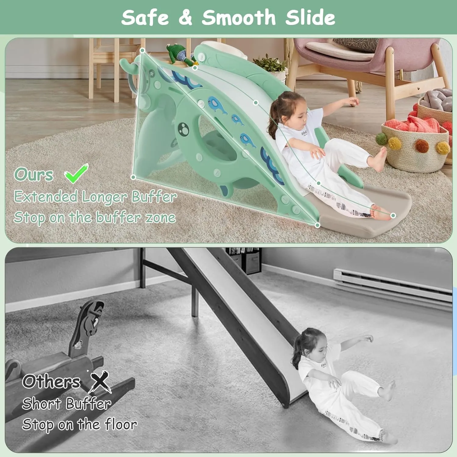 Costzon 4 in 1 Toddler Slide Rocking Toy, Slide for Kids with Basketball Hoop and Ring Game, Rocking Horse, Foldable Climber Playground Slide for Both Indoors Outdoor Use (Green Ocean)
