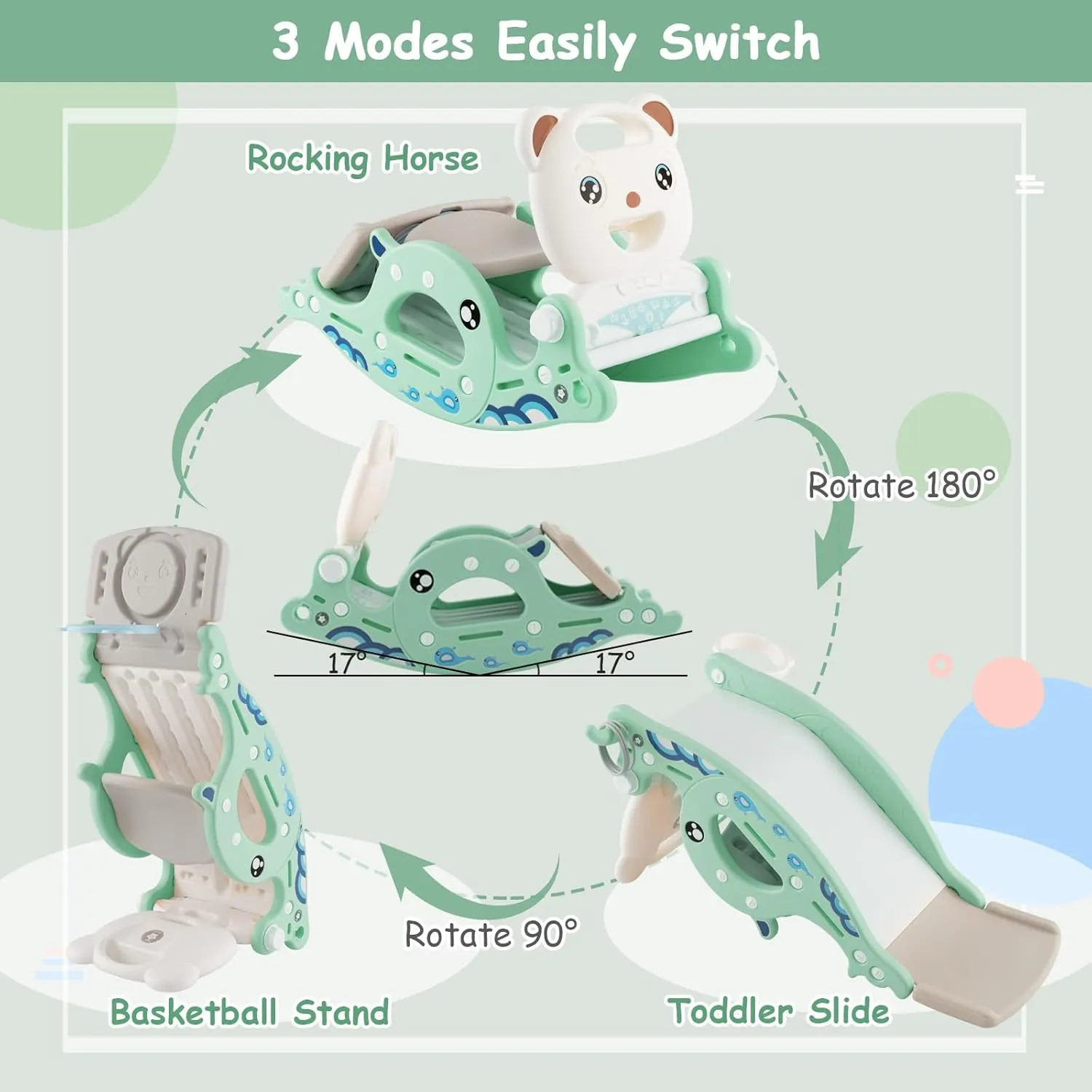Costzon 4 in 1 Toddler Slide Rocking Toy, Slide for Kids with Basketball Hoop and Ring Game, Rocking Horse, Foldable Climber Playground Slide for Both Indoors Outdoor Use (Green Ocean)