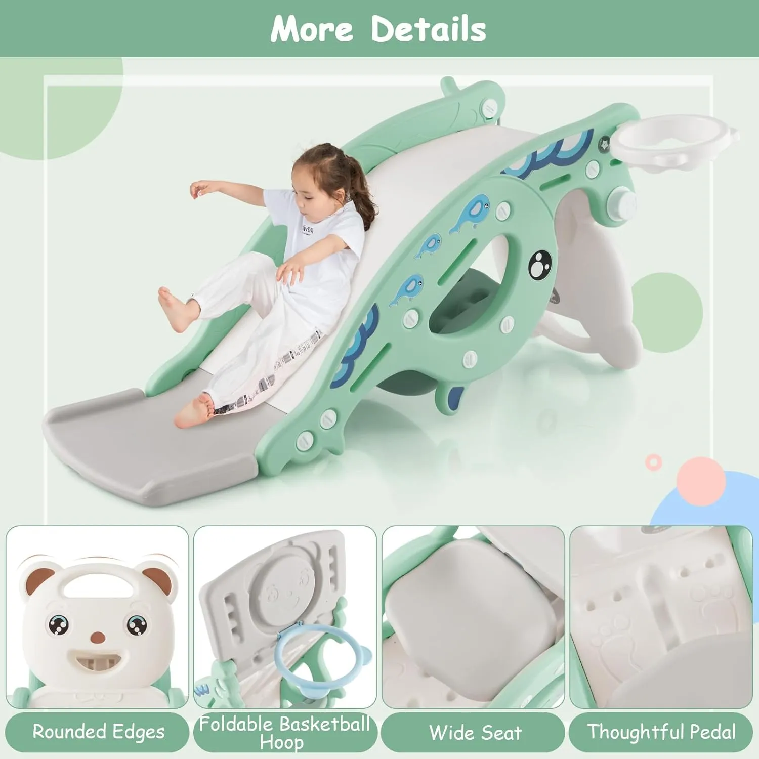 Costzon 4 in 1 Toddler Slide Rocking Toy, Slide for Kids with Basketball Hoop and Ring Game, Rocking Horse, Foldable Climber Playground Slide for Both Indoors Outdoor Use (Green Ocean)