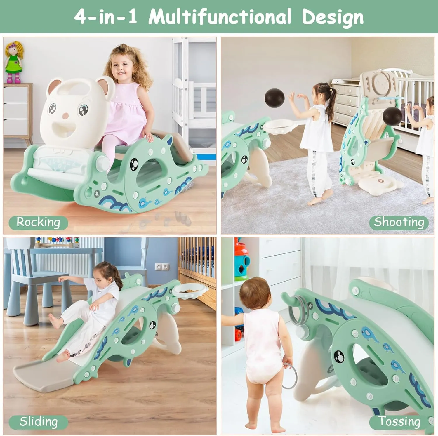 Costzon 4 in 1 Toddler Slide Rocking Toy, Slide for Kids with Basketball Hoop and Ring Game, Rocking Horse, Foldable Climber Playground Slide for Both Indoors Outdoor Use (Green Ocean)