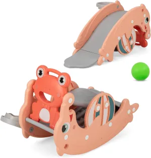 Costzon 4 in 1 Toddler Slide Rocking Toy, Slide for Kids with Basketball Hoop, Rocking Horse, Climber Playground Kids Slide for Both Indoors Outdoor Use (Pink Frog)