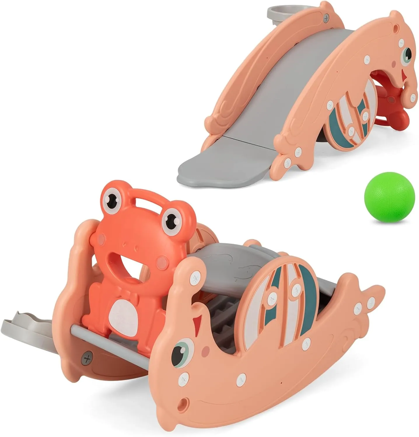 Costzon 4 in 1 Toddler Slide Rocking Toy, Slide for Kids with Basketball Hoop, Rocking Horse, Climber Playground Kids Slide for Both Indoors Outdoor Use (Pink Frog)