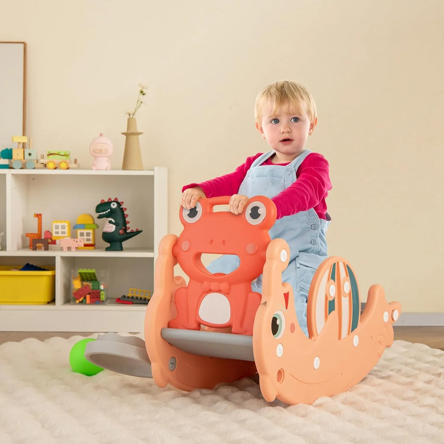 Costzon 4 in 1 Toddler Slide Rocking Toy, Slide for Kids with Basketball Hoop, Rocking Horse, Climber Playground Kids Slide for Both Indoors Outdoor Use (Pink Frog)