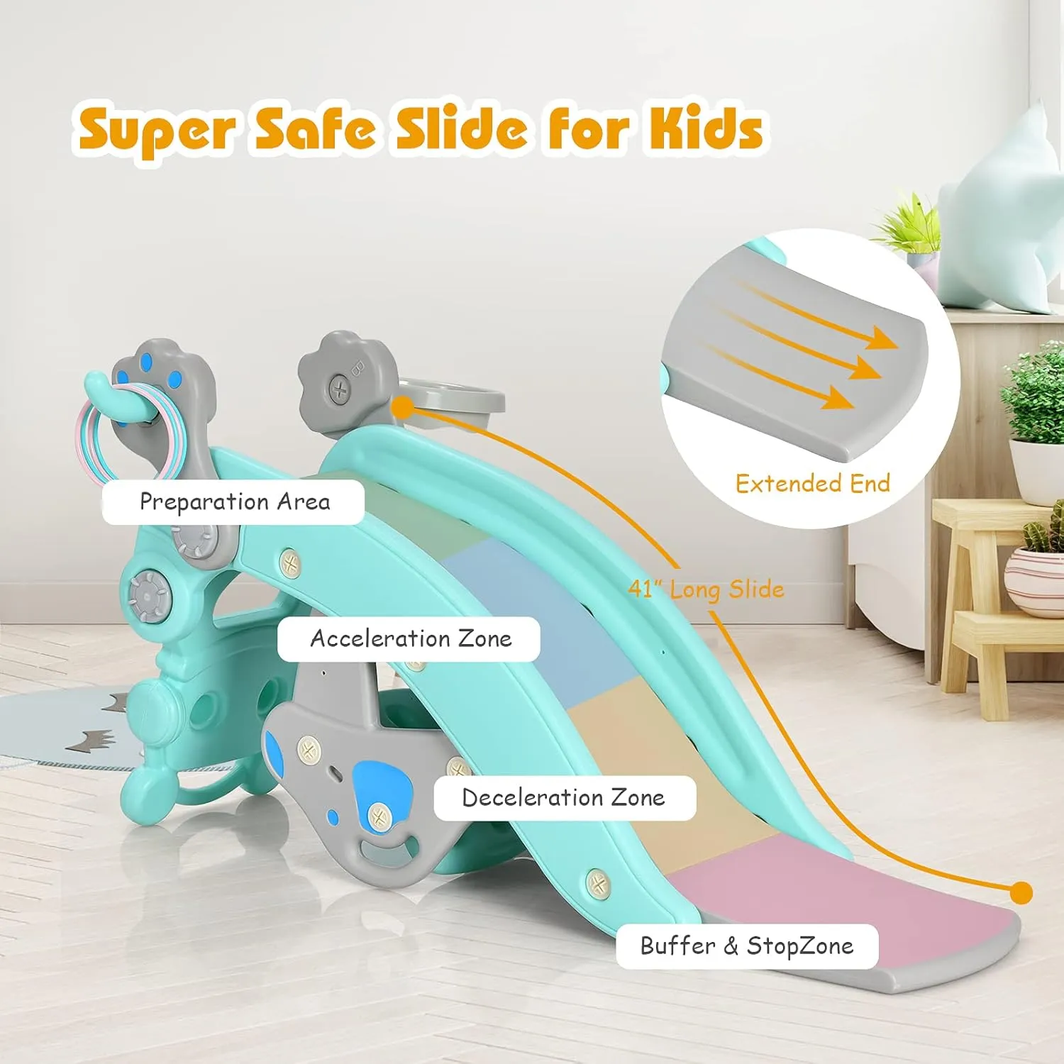 Costzon 5 in 1 Toddler Slide Rocking Toy, Slide for Kids with Detachable Stool, Basketball Hoop and Ring Game, Foldable Climber Playground Slide for Both Indoors Outdoor Use (Blue Penguin)