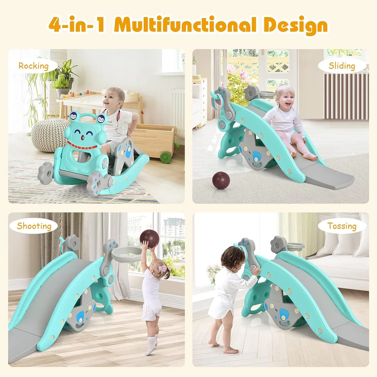 Costzon 5 in 1 Toddler Slide Rocking Toy, Slide for Kids with Detachable Stool, Basketball Hoop and Ring Game, Foldable Climber Playground Slide for Both Indoors Outdoor Use (Blue Penguin)