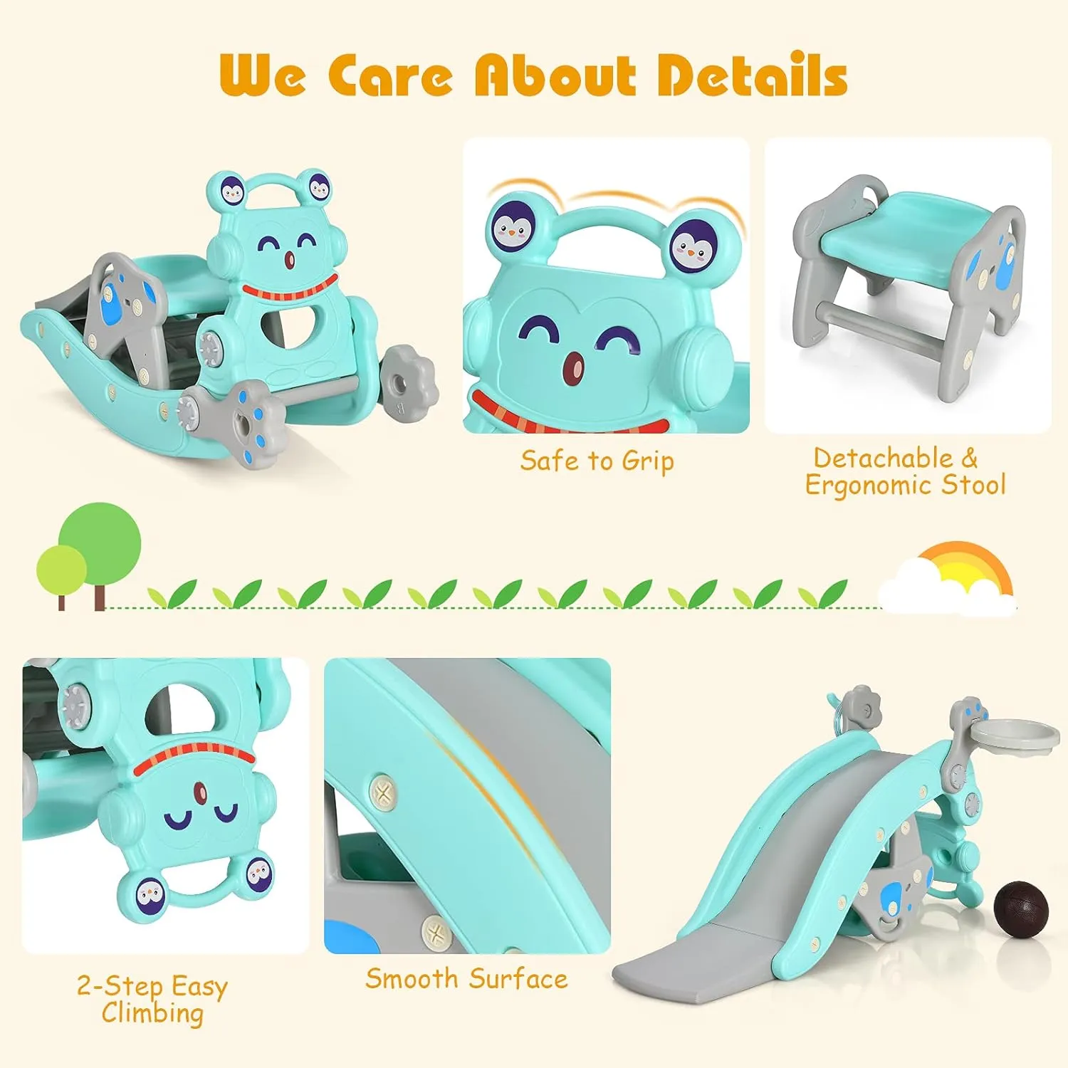 Costzon 5 in 1 Toddler Slide Rocking Toy, Slide for Kids with Detachable Stool, Basketball Hoop and Ring Game, Foldable Climber Playground Slide for Both Indoors Outdoor Use (Blue Penguin)