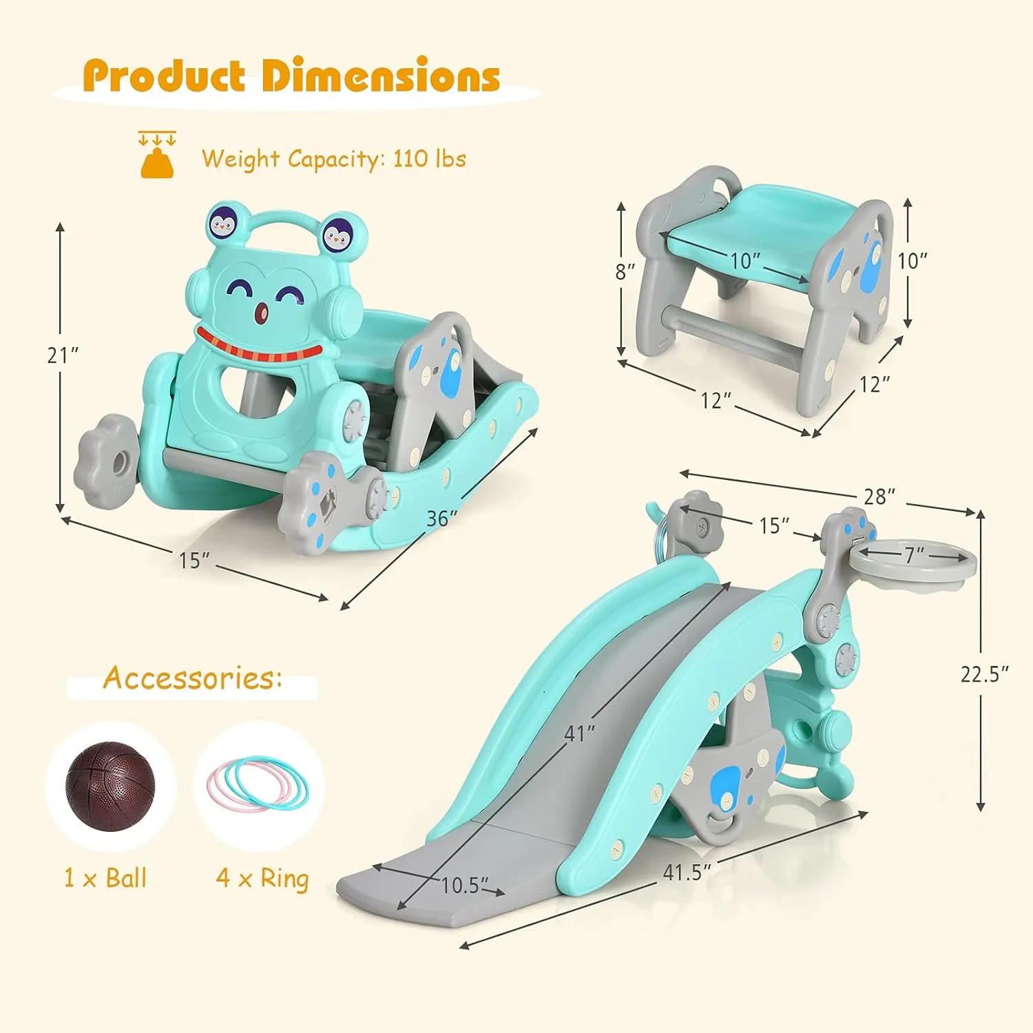 Costzon 5 in 1 Toddler Slide Rocking Toy, Slide for Kids with Detachable Stool, Basketball Hoop and Ring Game, Foldable Climber Playground Slide for Both Indoors Outdoor Use (Blue Penguin)
