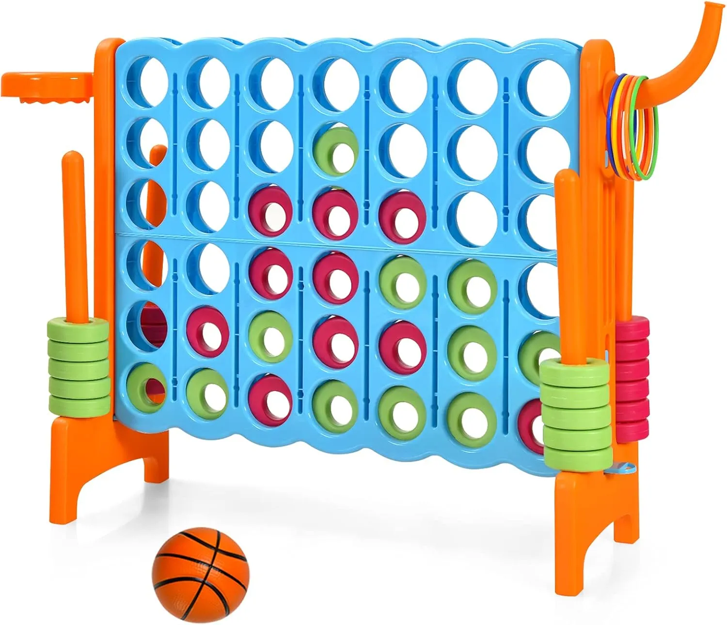 Costzon Giant 4-in-A-Row, Jumbo 4-to-Score Giant Game w/Basketball Hoop, Ring Toss, Quick-Release Slider, 42 Jumbo Rings, Indoor Outdoor Family Connect Game for Kids & Adults, Backyard Games, Orange