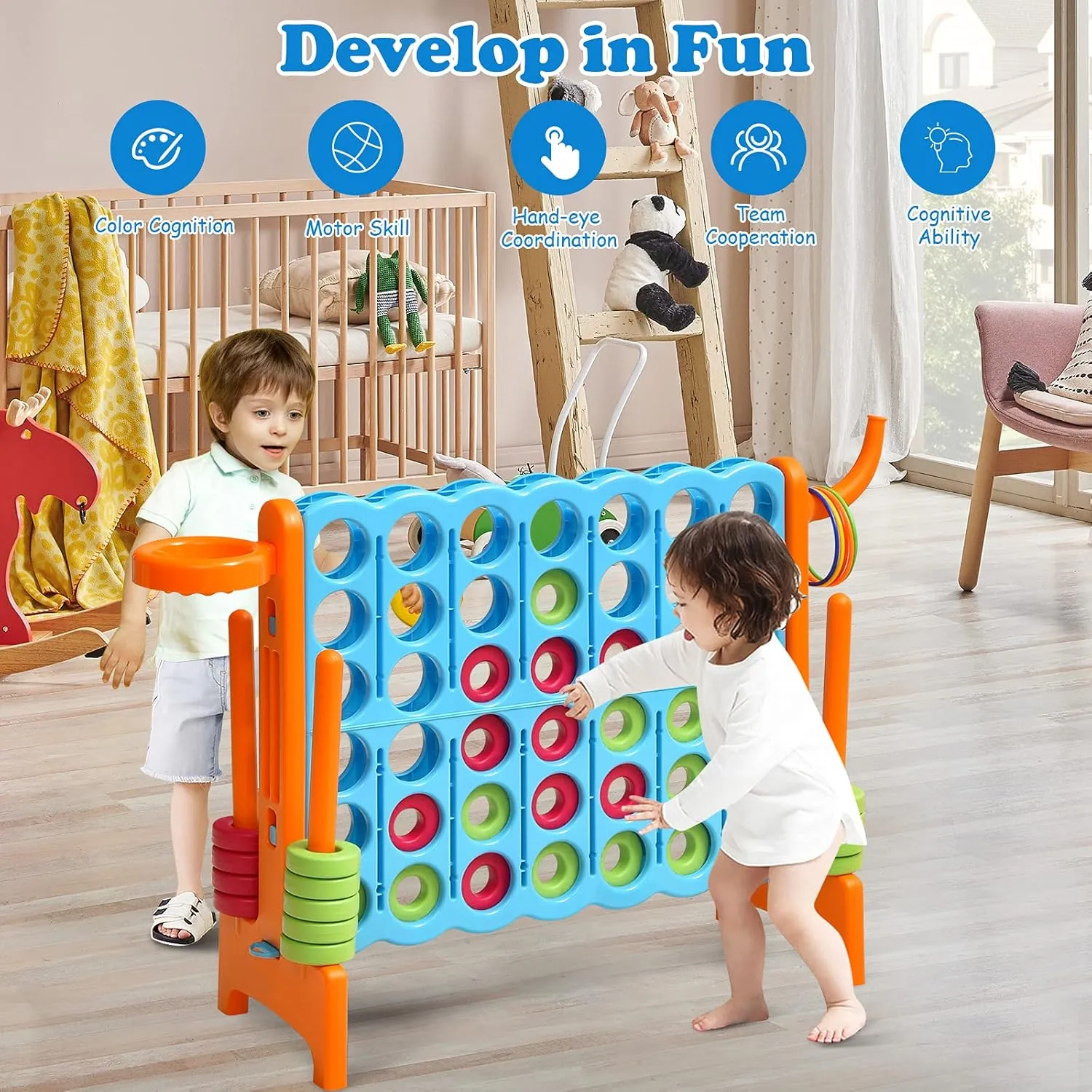 Costzon Giant 4-in-A-Row, Jumbo 4-to-Score Giant Game w/Basketball Hoop, Ring Toss, Quick-Release Slider, 42 Jumbo Rings, Indoor Outdoor Family Connect Game for Kids & Adults, Backyard Games, Orange