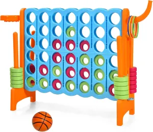 Costzon Giant 4-in-A-Row, Jumbo 4-to-Score Giant Game w/Basketball Hoop, Ring Toss, Quick-Release Slider, 42 Jumbo Rings, Indoor Outdoor Family Connect Game for Kids & Adults, Backyard Games, Orange