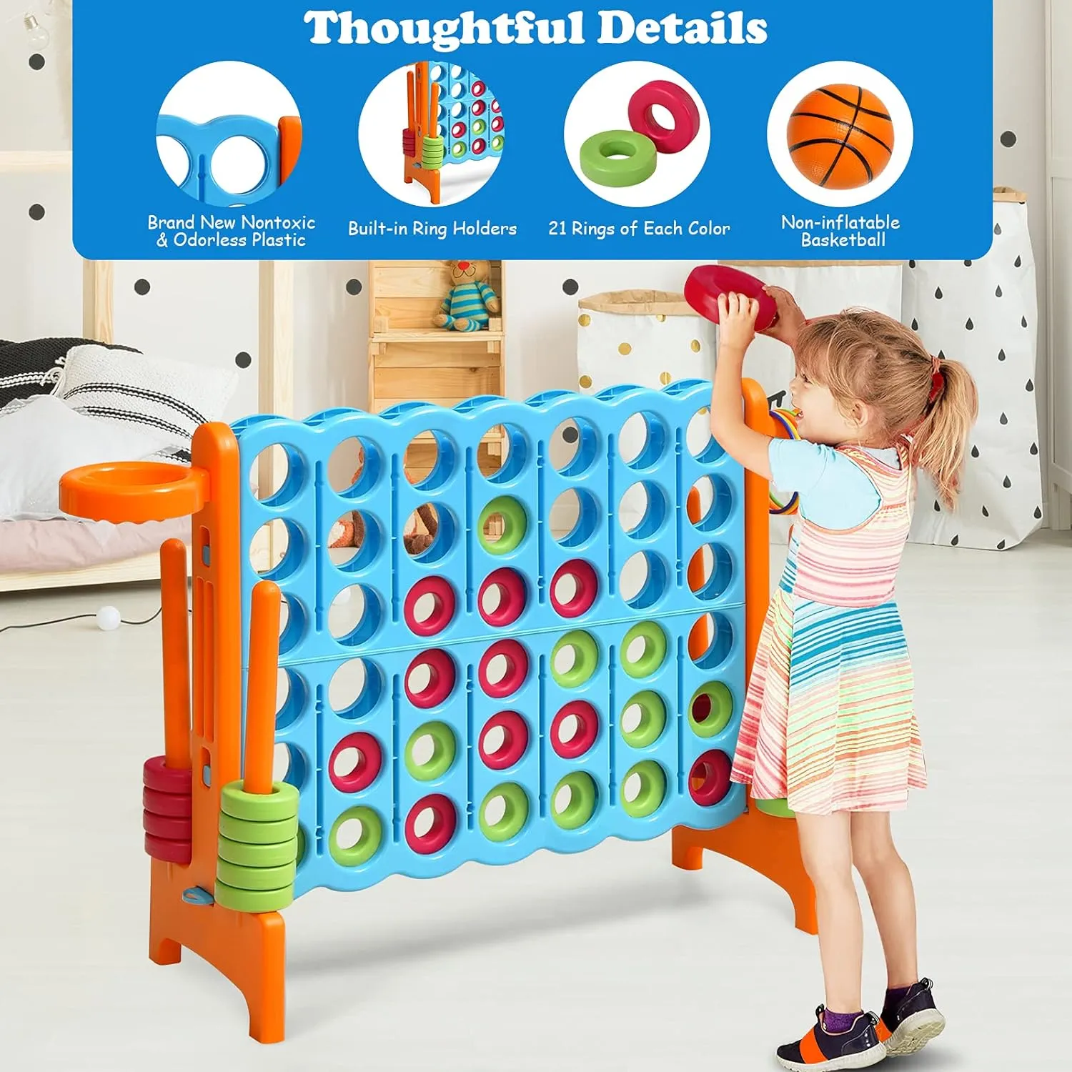 Costzon Giant 4-in-A-Row, Jumbo 4-to-Score Giant Game w/Basketball Hoop, Ring Toss, Quick-Release Slider, 42 Jumbo Rings, Indoor Outdoor Family Connect Game for Kids & Adults, Backyard Games, Orange