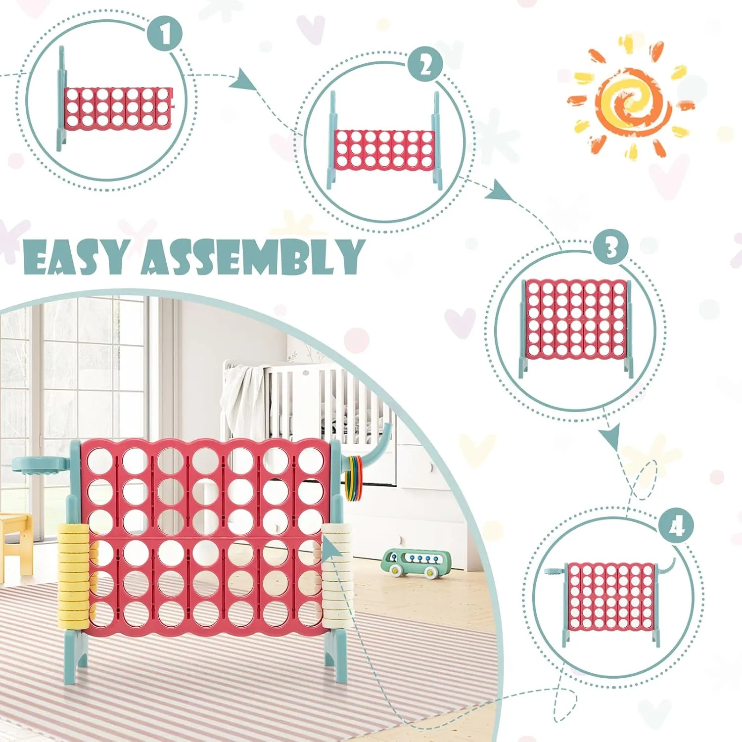 Costzon Giant 4-in-A-Row, Jumbo 4-to-Score Giant Game w/Basketball Hoop, Ring Toss, Quick-Release Slider, 42 Jumbo Rings, Indoor Outdoor Family Connect Game for Kids & Adults, Backyard Games