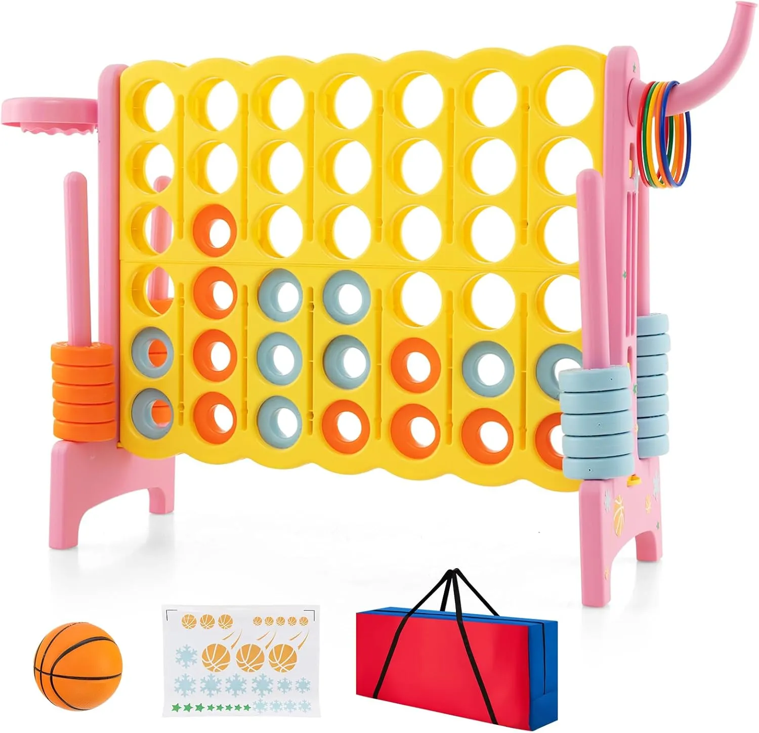 Costzon Giant 4-in-A-Row, Jumbo 4-to-Score Giant Game w/Carrying Bag, Basketball Hoop, 42 Jumbo Rings, Quick-Release Slider, Indoor Outdoor Family Connect Game for Kids & Adults, Backyard Games