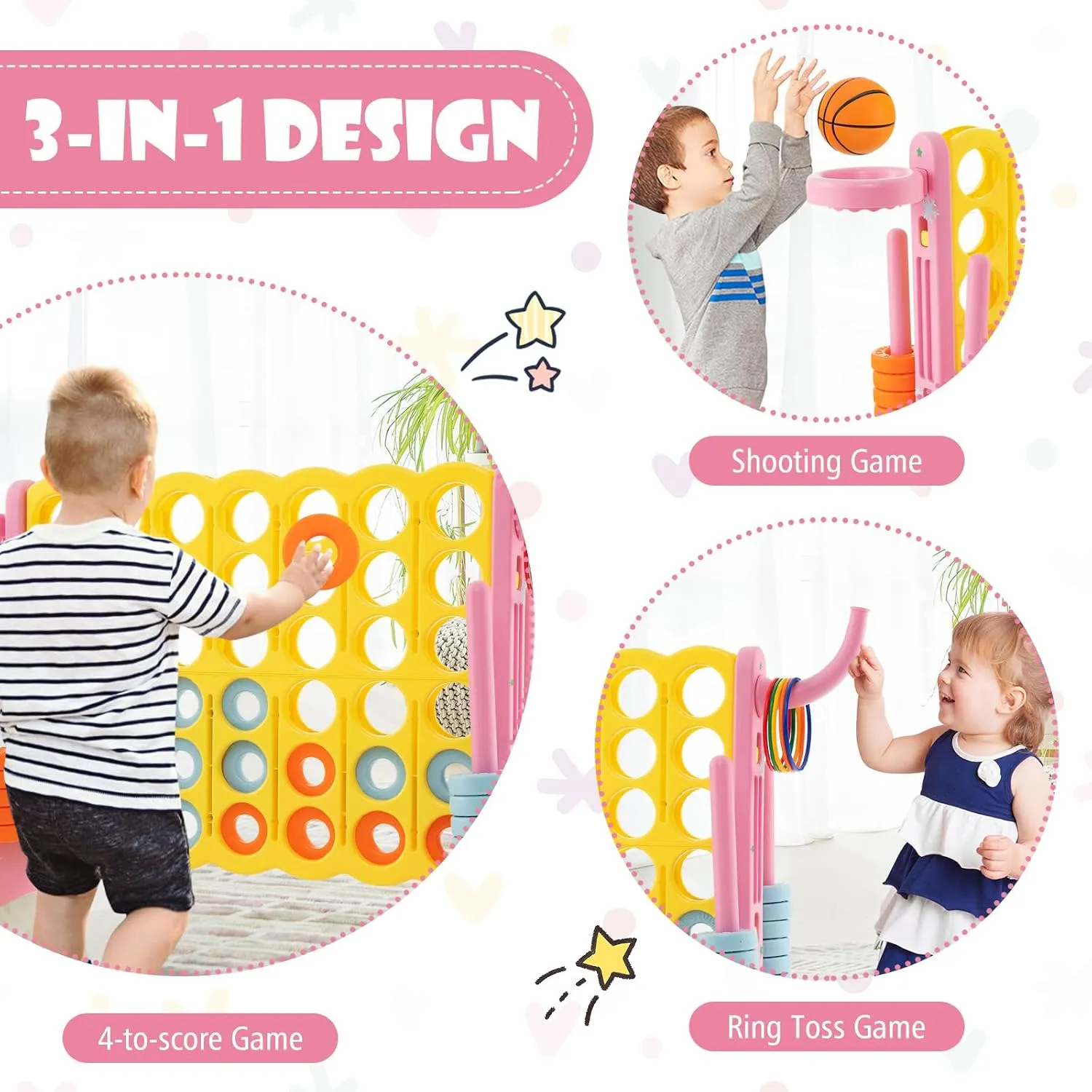 Costzon Giant 4-in-A-Row, Jumbo 4-to-Score Giant Game w/Carrying Bag, Basketball Hoop, 42 Jumbo Rings, Quick-Release Slider, Indoor Outdoor Family Connect Game for Kids & Adults, Backyard Games