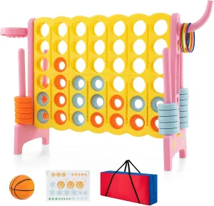 Costzon Giant 4-in-A-Row, Jumbo 4-to-Score Giant Game w/Carrying Bag, Basketball Hoop, 42 Jumbo Rings, Quick-Release Slider, Indoor Outdoor Family Connect Game for Kids & Adults, Backyard Games