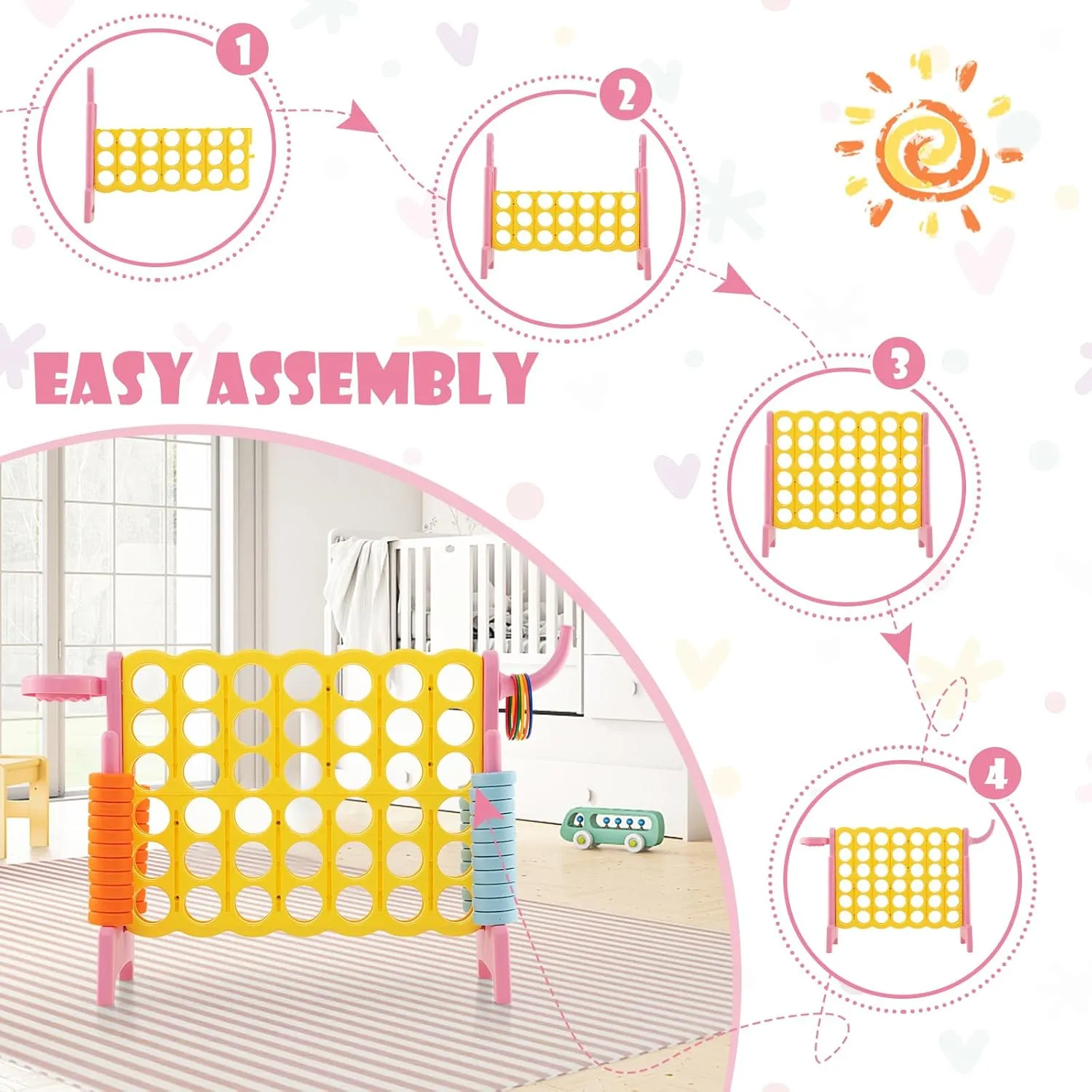 Costzon Giant 4-in-A-Row, Jumbo 4-to-Score Giant Game w/Carrying Bag, Basketball Hoop, 42 Jumbo Rings, Quick-Release Slider, Indoor Outdoor Family Connect Game for Kids & Adults, Backyard Games