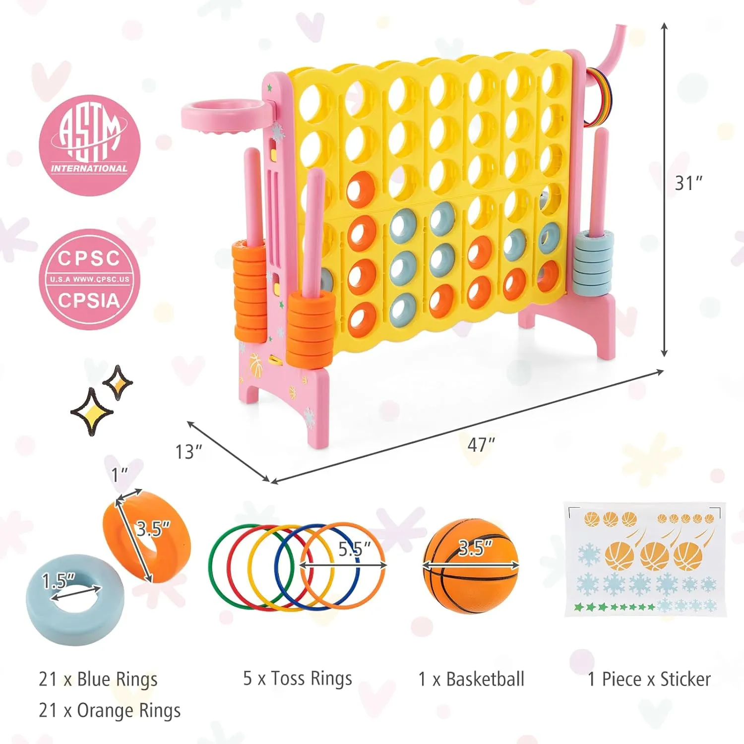 Costzon Giant 4-in-A-Row, Jumbo 4-to-Score Giant Game w/Carrying Bag, Basketball Hoop, 42 Jumbo Rings, Quick-Release Slider, Indoor Outdoor Family Connect Game for Kids & Adults, Backyard Games