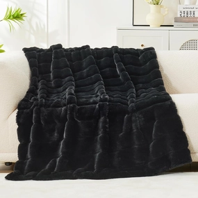 Cozy Bliss Faux Fur Throw Blanket for Couch, Cozy Warm Plush Striped Blanket for Sofa Bedroom Living Room, Black