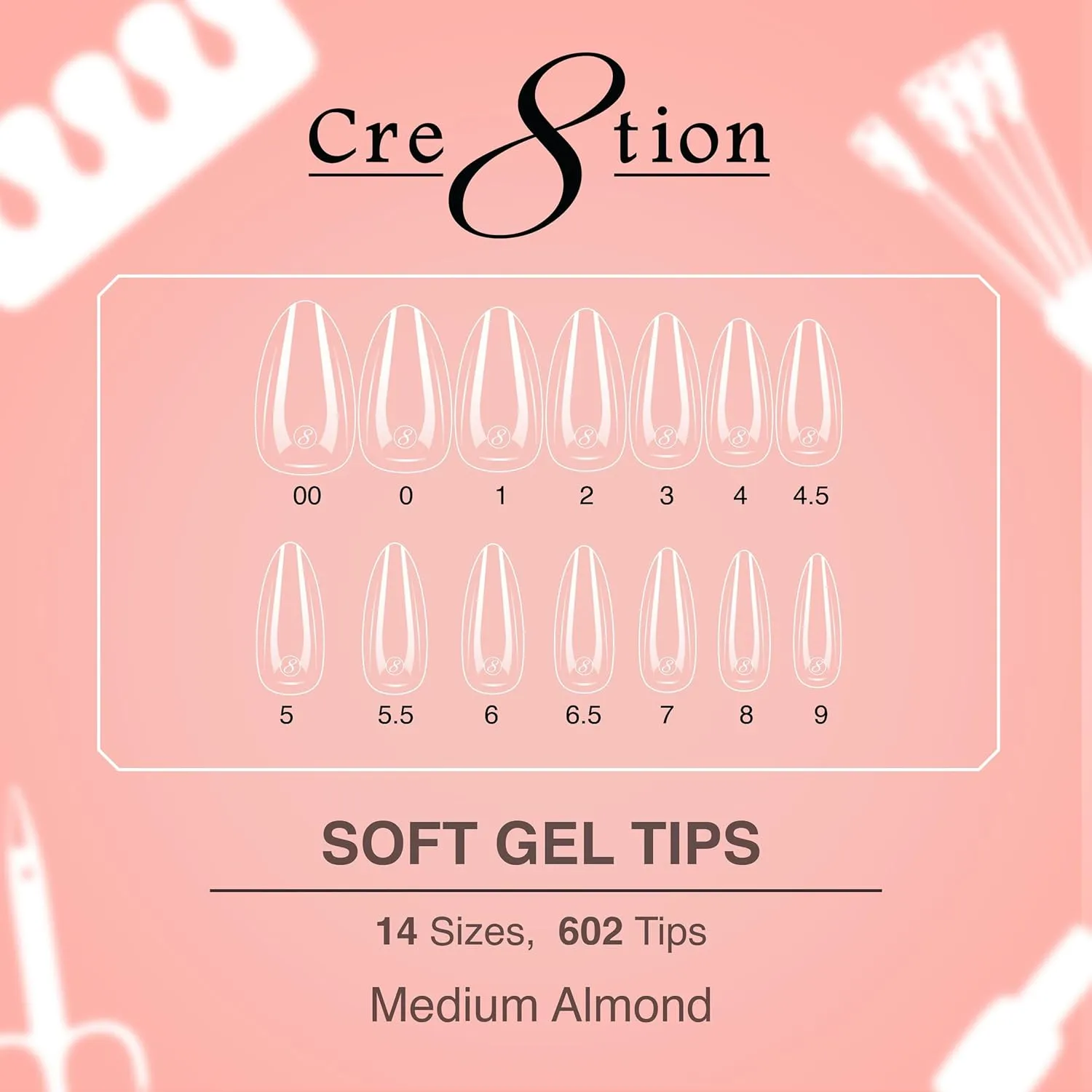 Cre8tion Soft Gel Nail Tips, Medium Almond Shape, 602 Tips in 14 Sizes (00-9) for Professional Nail Extensions