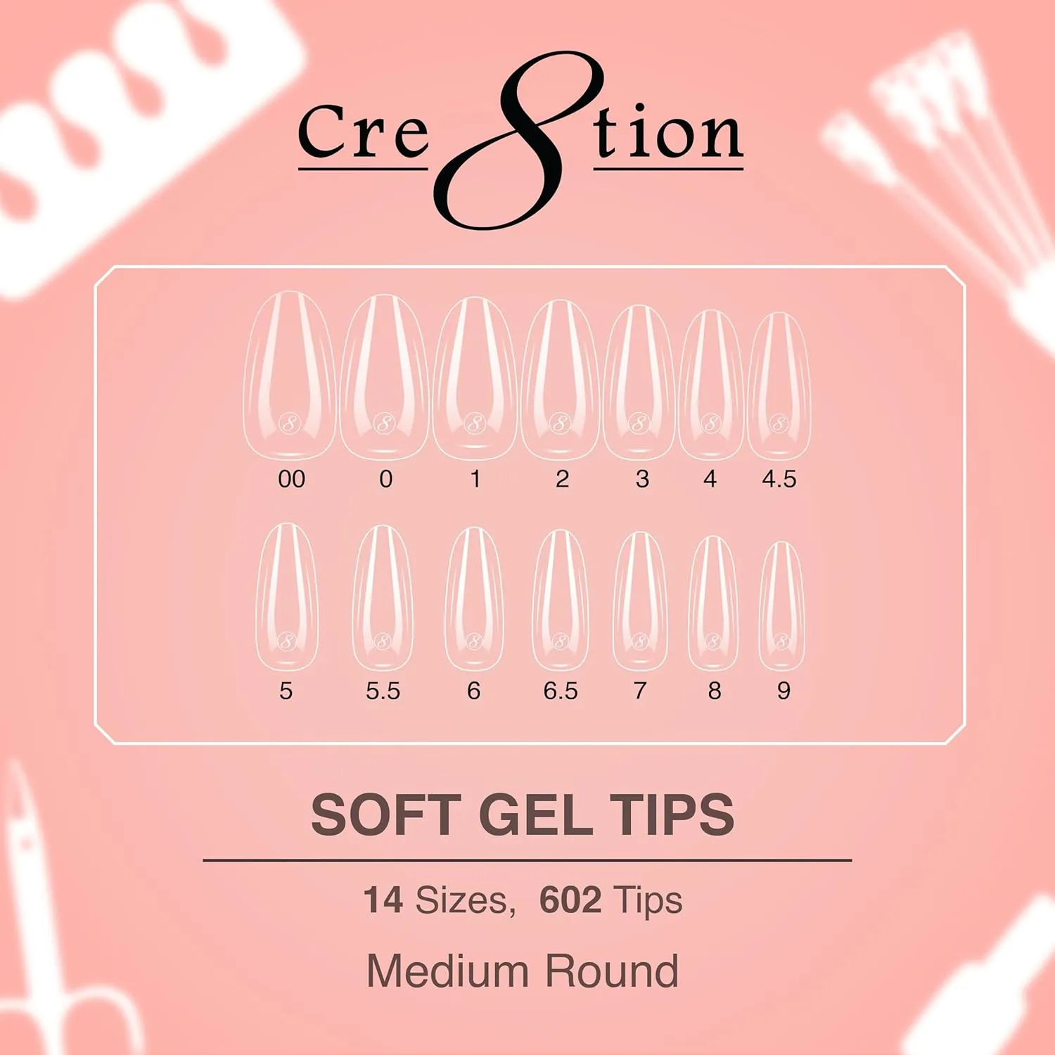 Cre8tion Soft Gel Nail Tips, Medium Round Shape, 602 Tips in 14 Sizes (00-9) for Professional Nail Extensions
