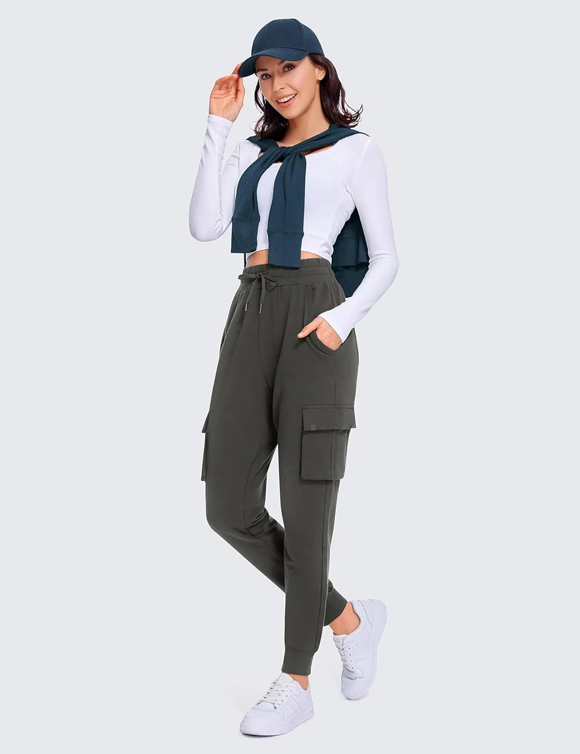 CRZ YOGA Womens Sweatpants Lightweight Cotton Cargo Joggers with 6 Pockets High Waisted Super Soft Casual Sweat Pants