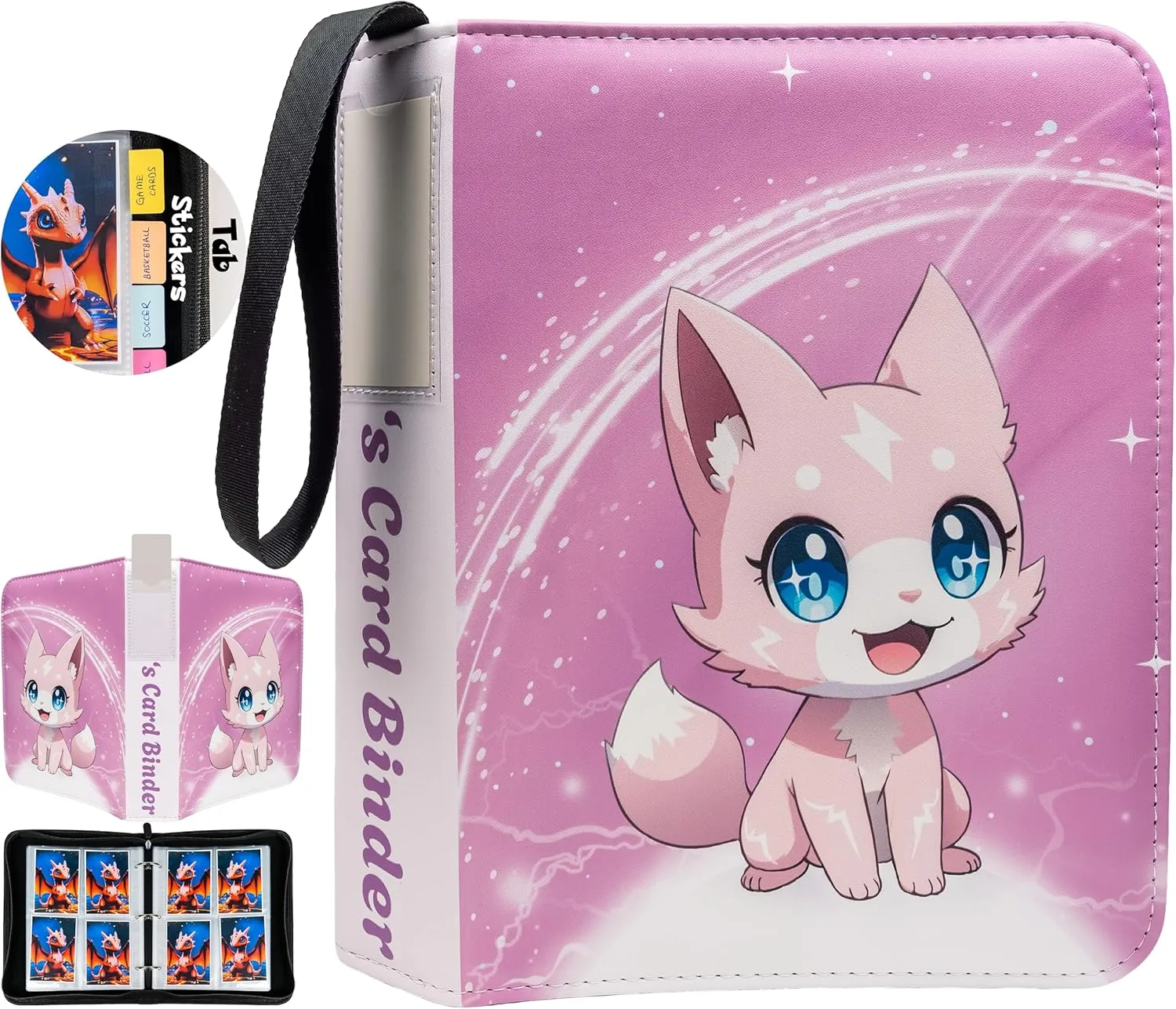 Cute Trading Card Binder 440 Pockets for Girls Gifts-Name Card, Tab Stickers for Sorting, 55 Sleeves-4 Pocket Cards Binders Zipper Book Holder Case-Baseball Football Sports Tcg Cards Binder