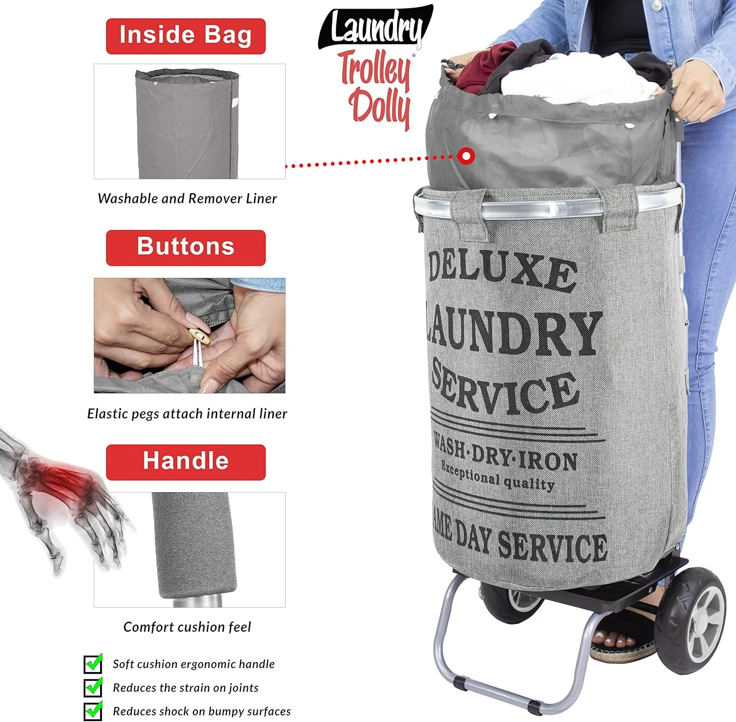 dbest products Laundry Trolley Dolly, Grey Laundry Bag Hamper Basket cart with wheels sorter