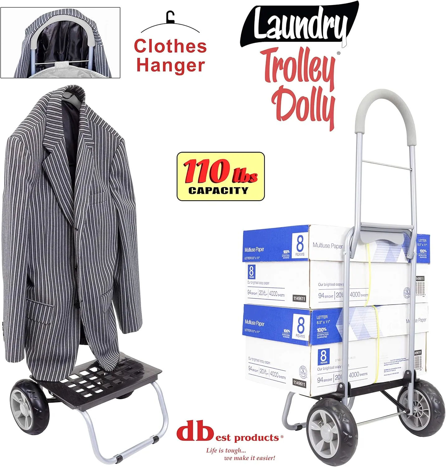 dbest products Laundry Trolley Dolly, Grey Laundry Bag Hamper Basket cart with wheels sorter