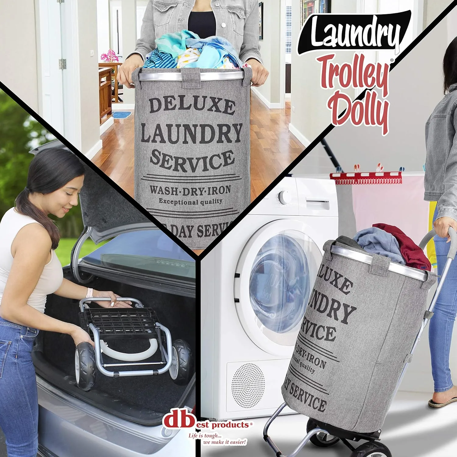 dbest products Laundry Trolley Dolly, Grey Laundry Bag Hamper Basket cart with wheels sorter