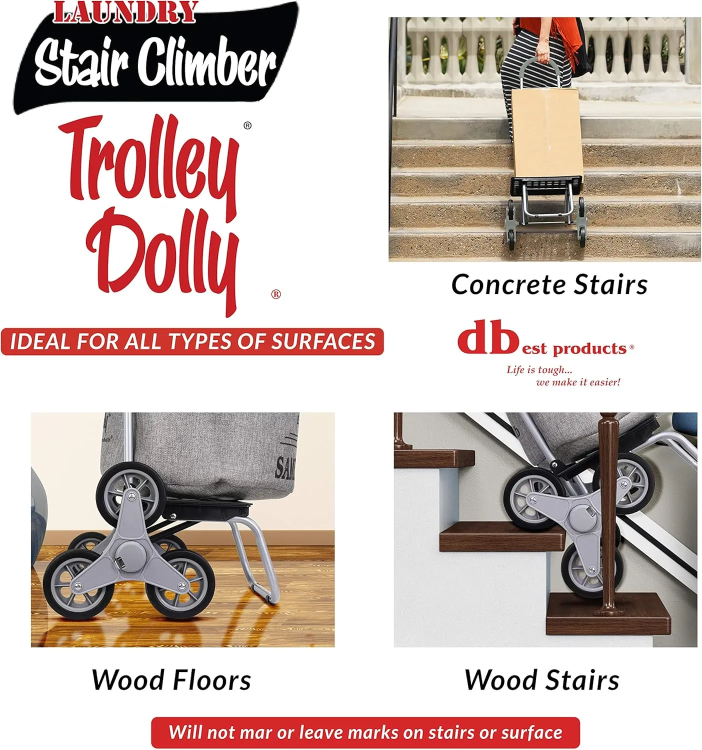 dbest products Stair Climber Laundry Trolley Dolly, Grey Laundry Bag Hamper Basket cart with wheels sorter